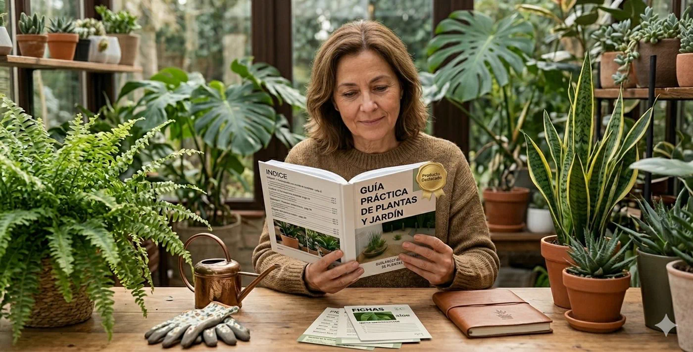 Mujer leyendo la Guía Práctica de Plantas y Jardín