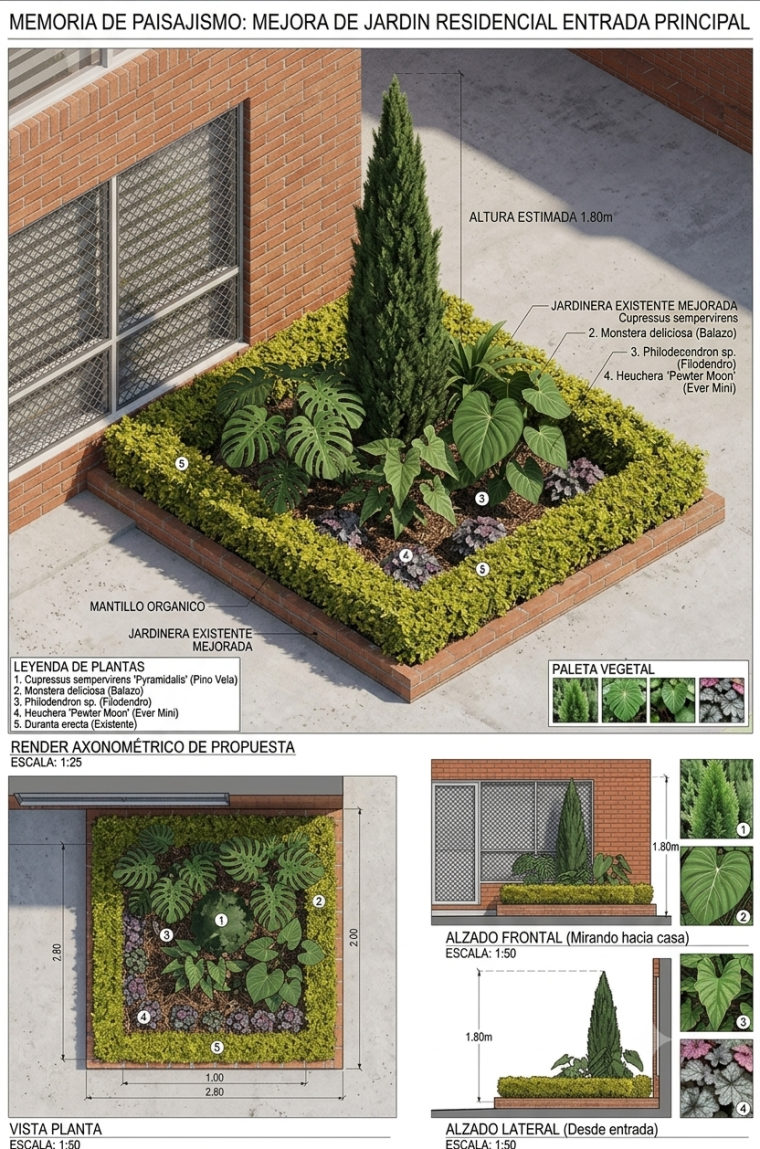 Memoria de paisajismo generada por la IA de Jardinova: render anotado, vista en planta, alzados y leyenda de plantas