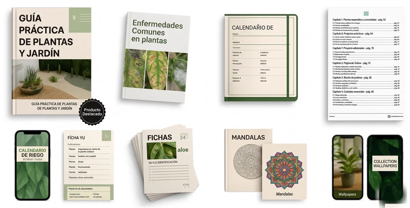 Vista completa del Mega Pack Jardinova — guía, enfermedades, calendarios, fichas, mandalas y wallpapers